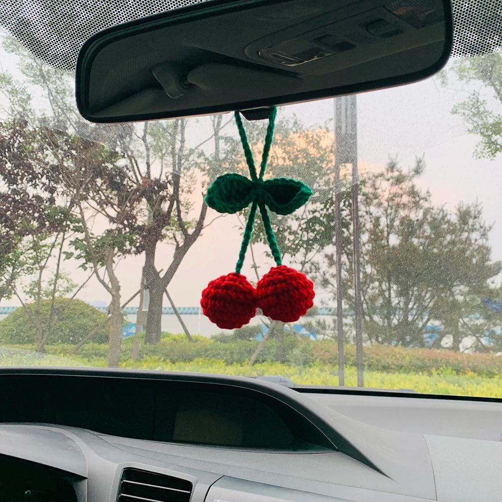 Cute Cherry Crochet Car Mirror Hanging Accessories for Women Teens Interior Rear View Mirror Animal Charm Decor