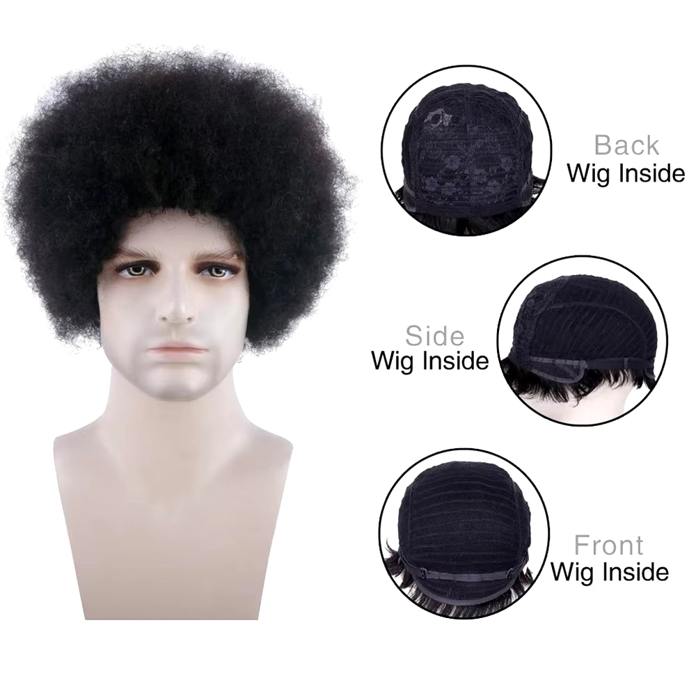 Afro Kinky Curly Wig for Men Short Curly Human Hair Wig for Handsome Men Kinky Curly Bob Cut Male Wigs Full Machine Toupee Wig