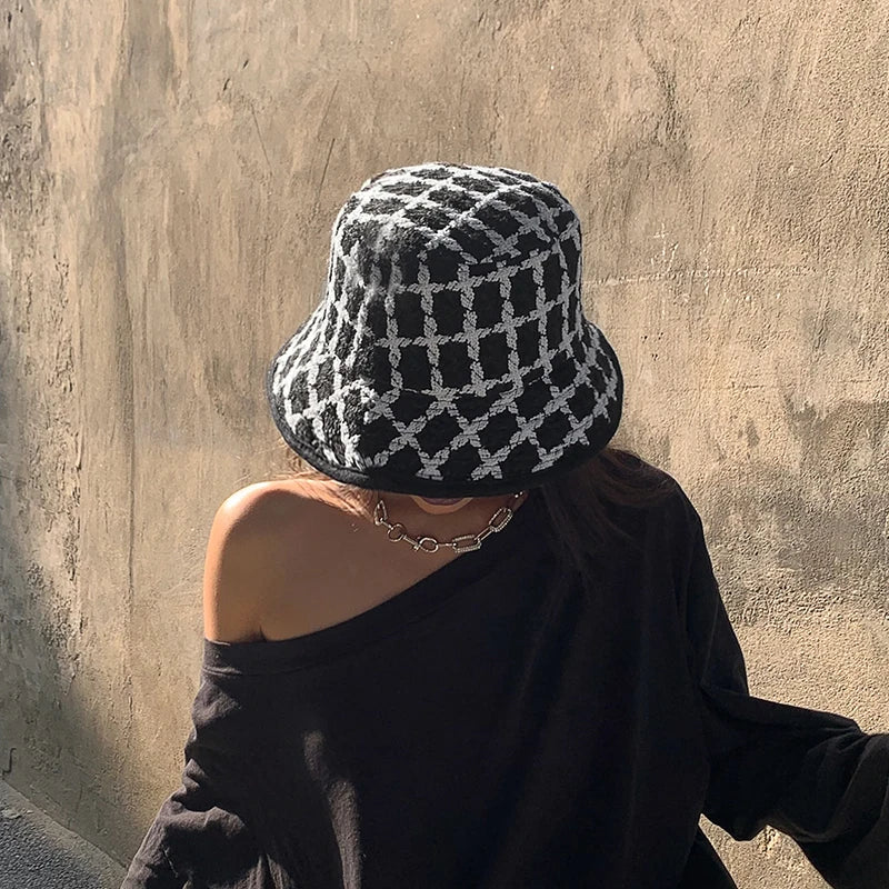 New Autumn Winter Women Bucket Hats Tweed Plaid Wide Brim Bucket Hats Panama Hats