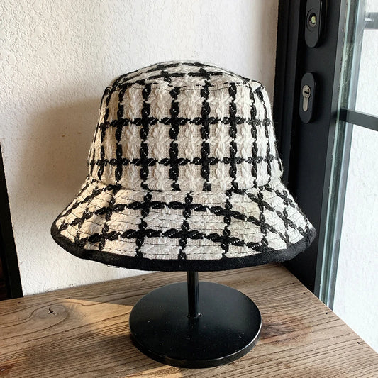 New Autumn Winter Women Bucket Hats Tweed Plaid Wide Brim Bucket Hats Panama Hats