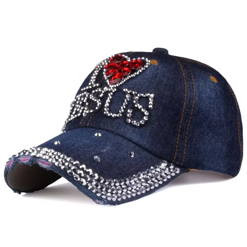 Leisure Jesus Women'S Baseball Cap Fashionable Rhinestone-Studded Duckbill Cap Outdoor Travel Sun-Shading Sun Hat Hip-Pop