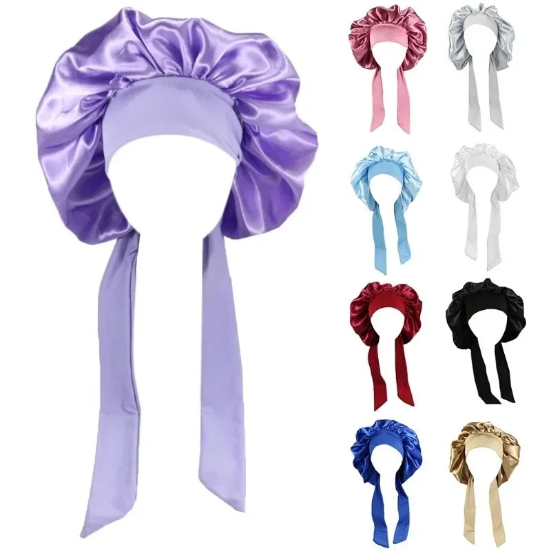 Lace-Up Large Satin Nightcap High Stretch Night Cap Lace up Shower Cap Women Shower Caps Waterproof Solid Sleeping Hair Bonnets